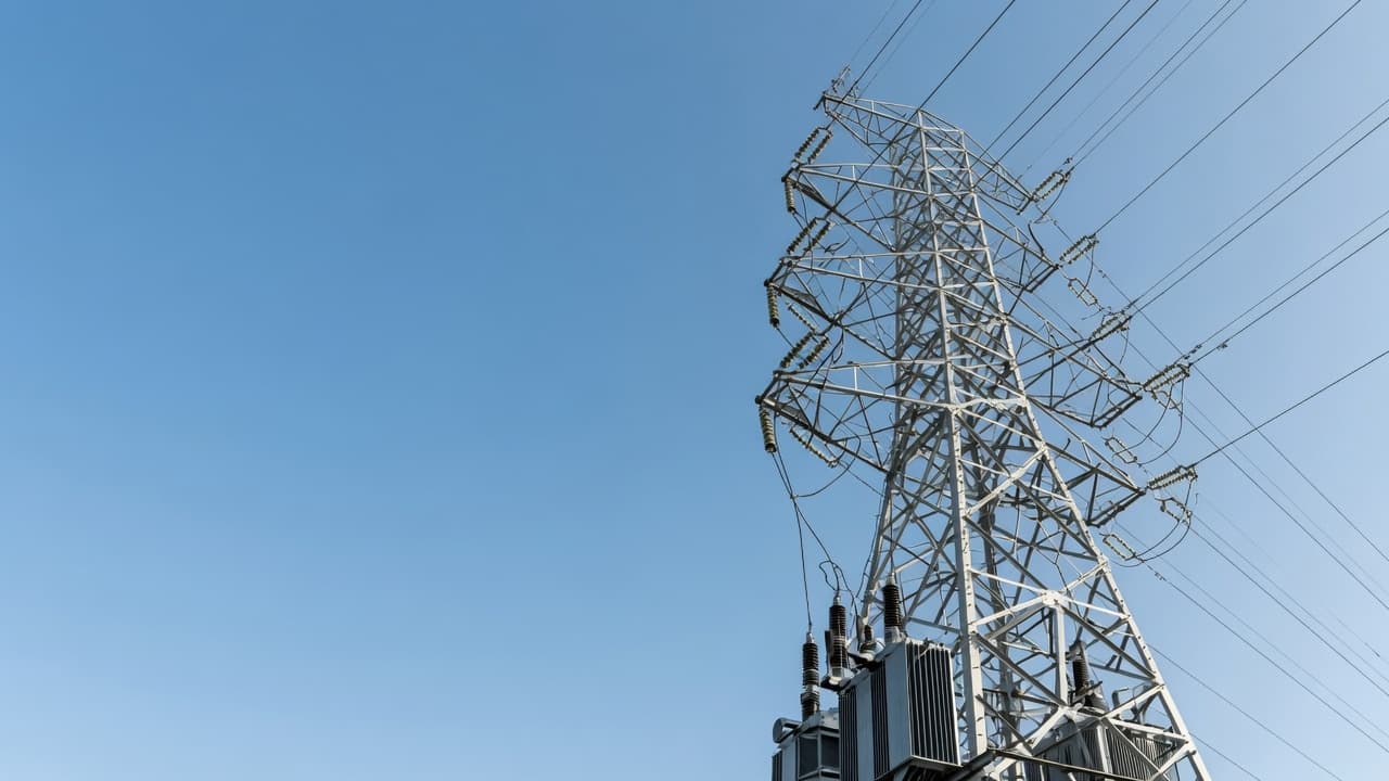 A transmission tower silhouetted against an open sky