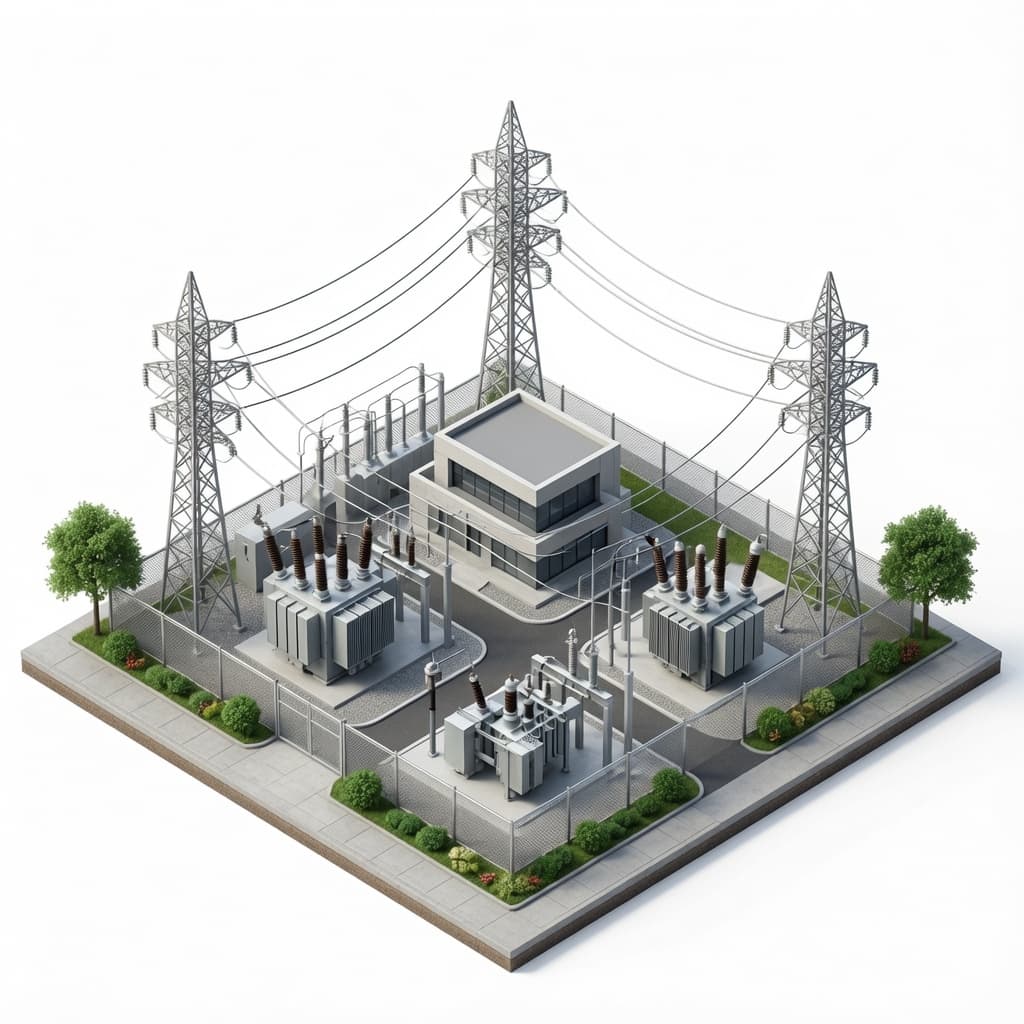 An electrical substation with transformers and switchgear